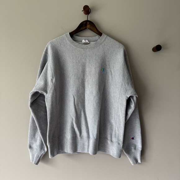 CHAMPION Reverse Weave Large Logo Crewneck Sweatshirt Gray/Blue Size Medium - Picture 3 of 7